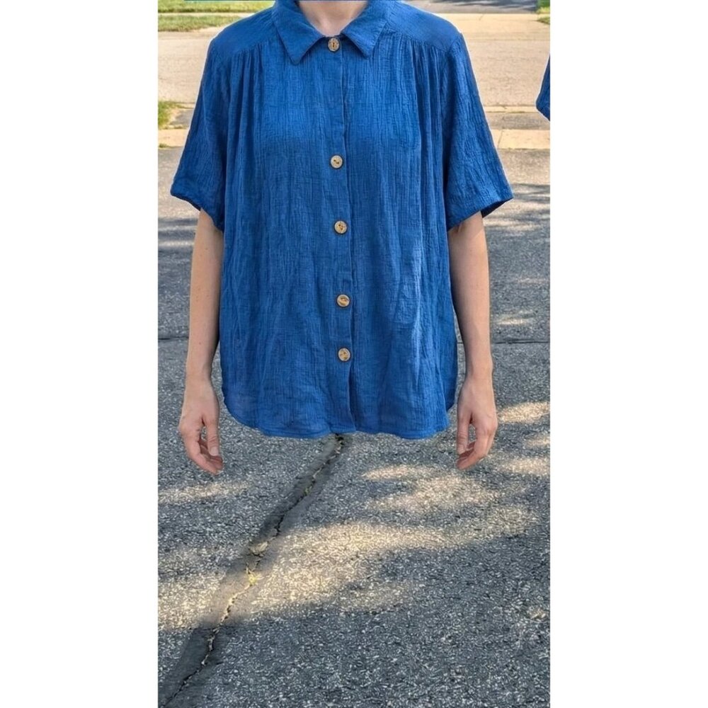 Vintage Laura Tyler Blue Cotton Gauze Shirt Button Up Short Sleeve Large